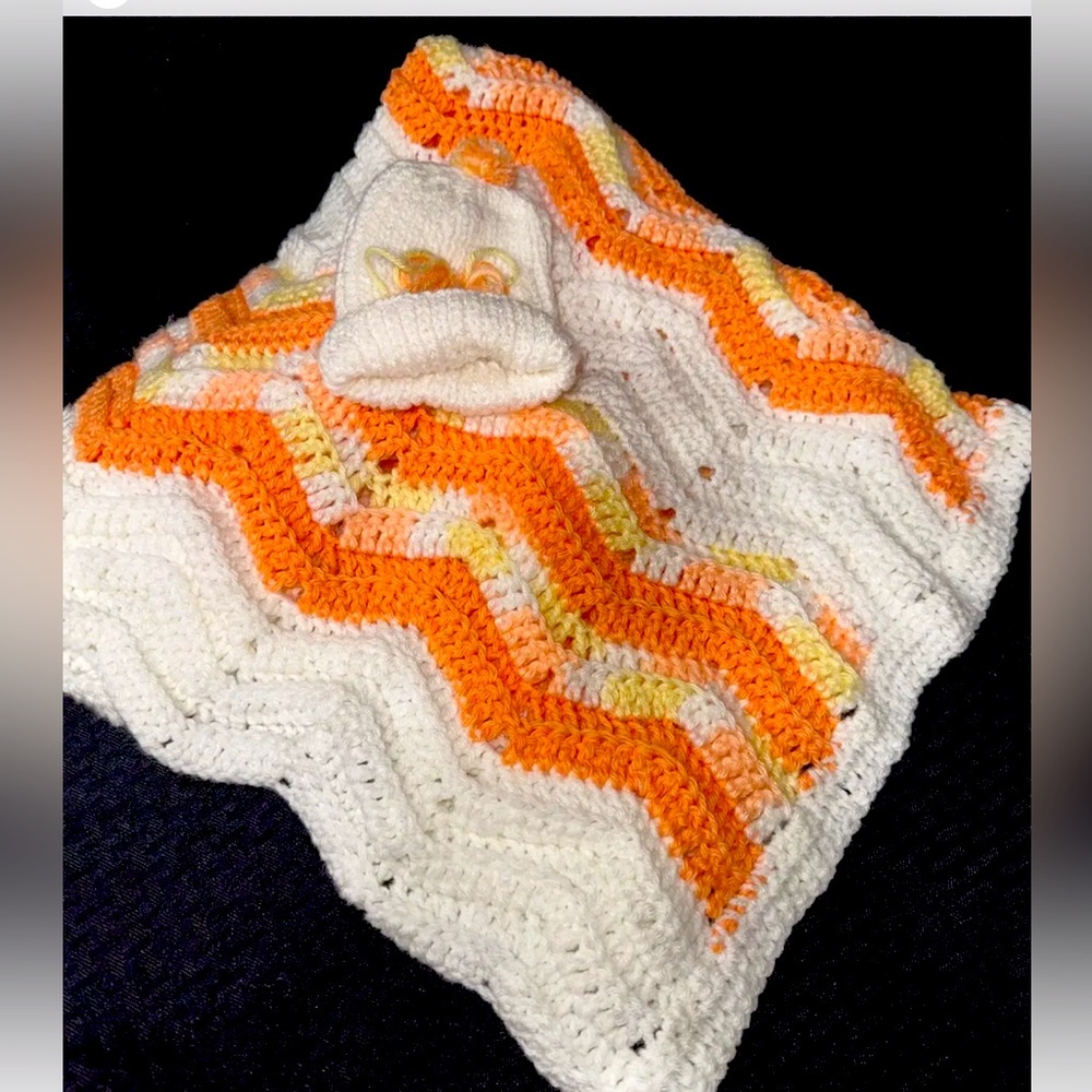 Handmade Crochet Baby Blanket (41x28) and Beanie Set